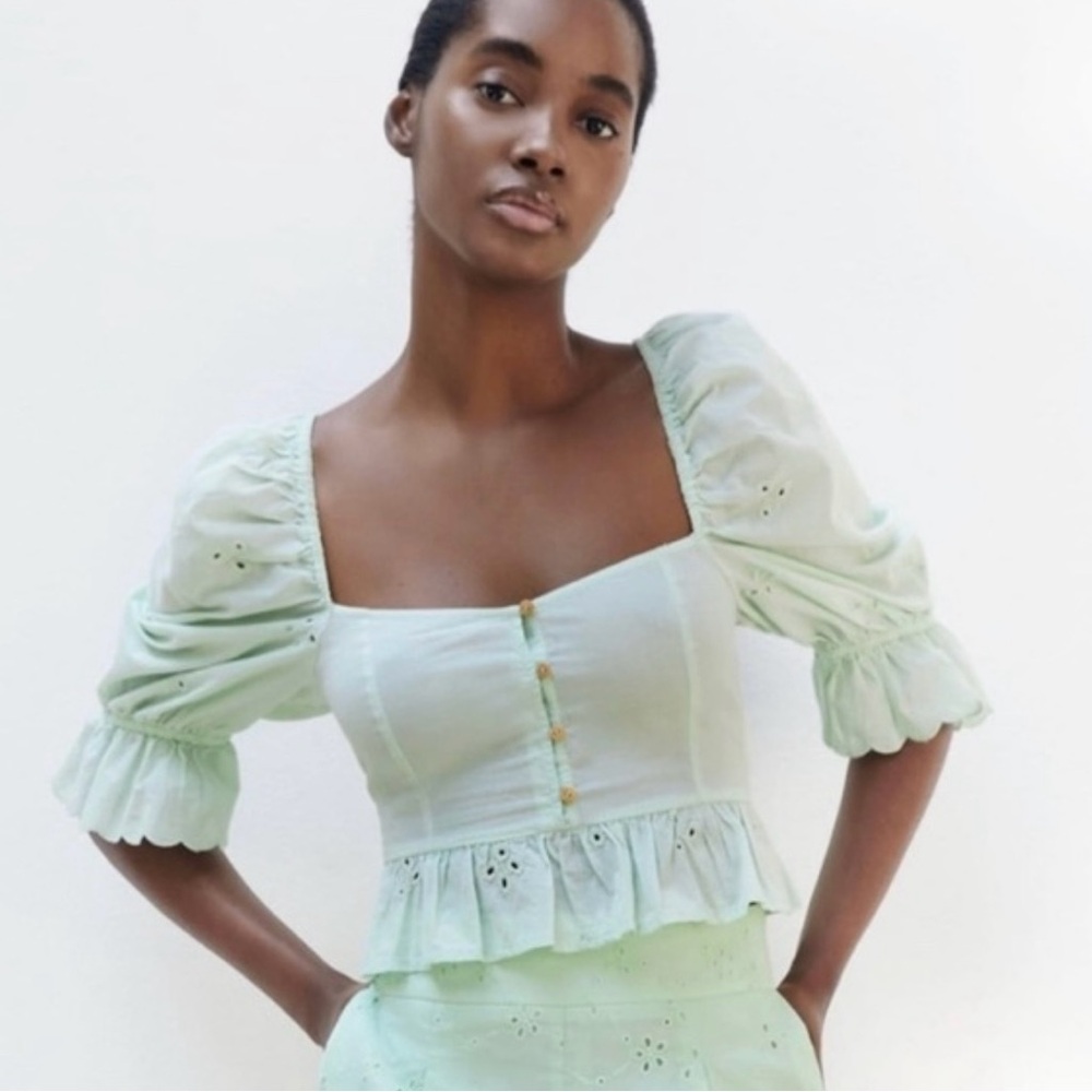 Zara Mint Blouse With Puff Sleeves